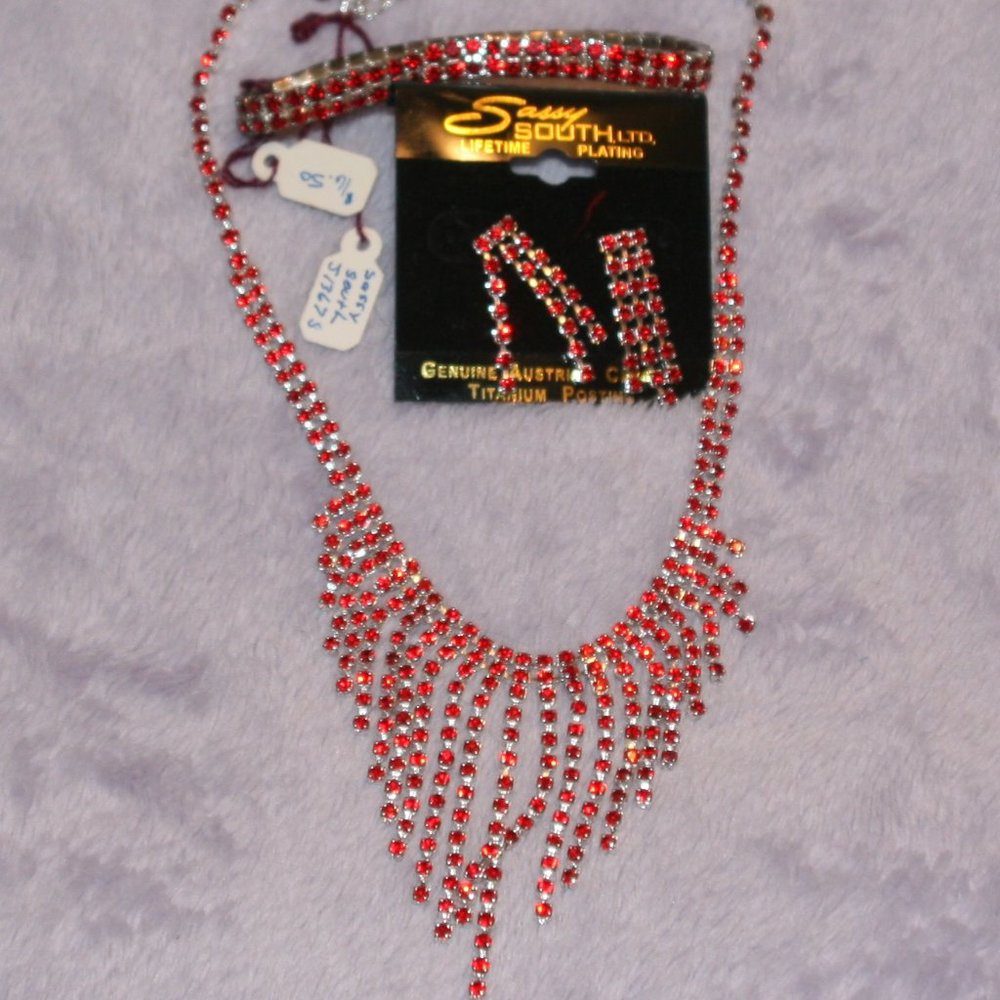 Red and Silver Necklace, Earrings, and Bracelet set